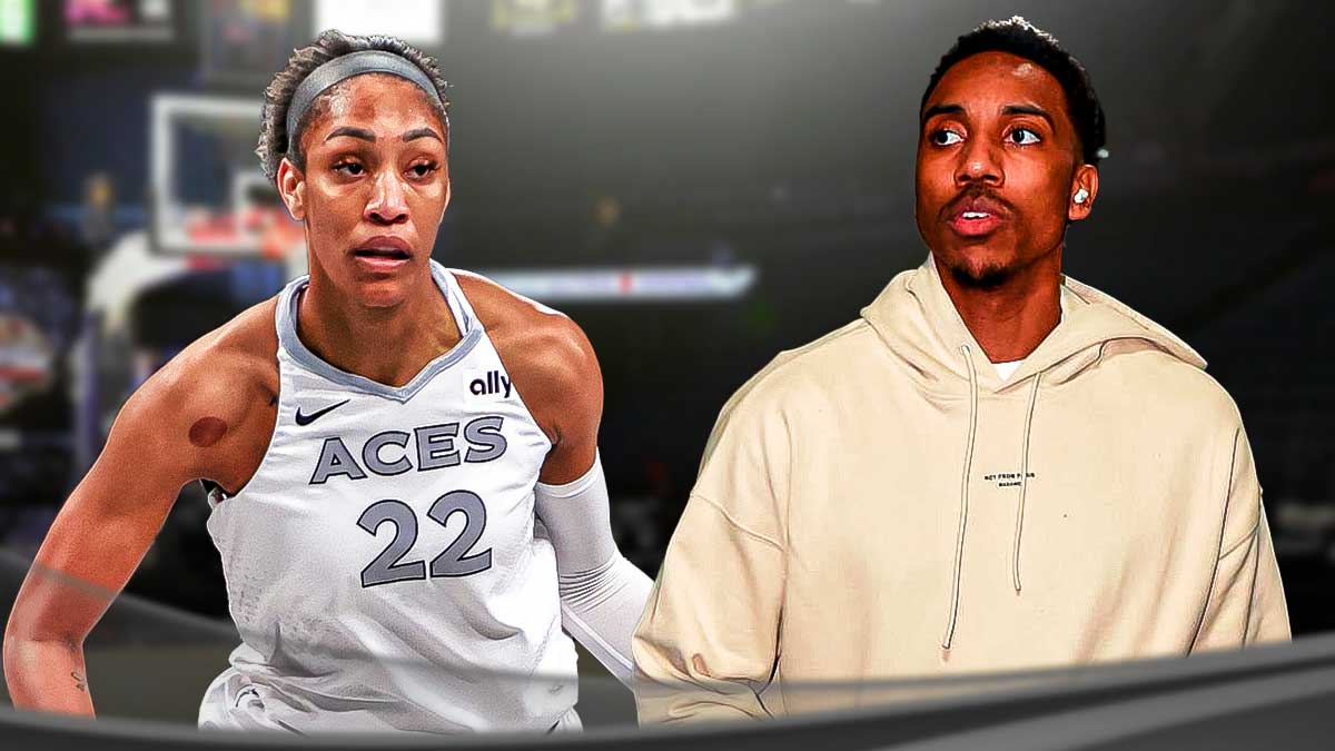 A'ja Wilson, Jeff Teague, Las Vegas Aces logo in background, eyes symbols