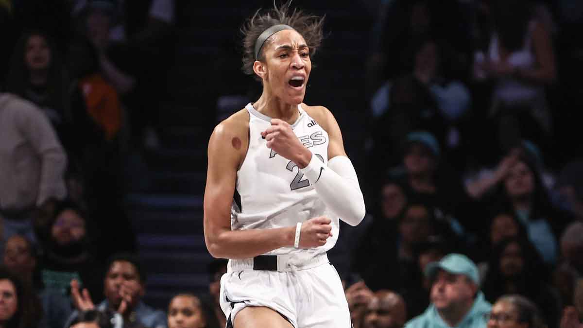 Las Vegas Aces center A'ja Wilson (22) celebrates after scoring in the fourth quarter against the New York Liberty during game two of the 2024 WNBA Semi-finals at Barclays Center.