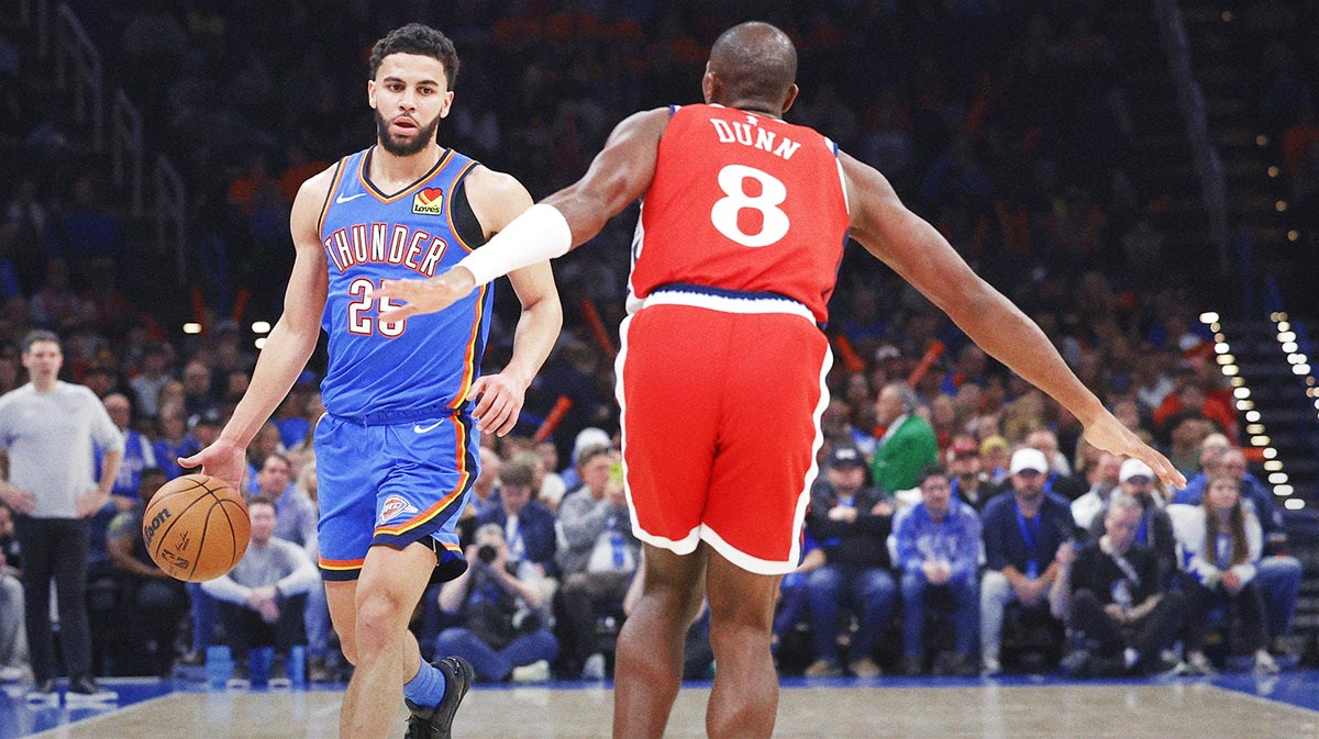 2. January 2025. years; Oklahoma City, Oklahoma, USA; Oklahoma City Thunder Guard Ajai Mitchell (25) Dribbles vs. Clippers Los Angeles Guard Kris Dunn (8) During the second quarter in Center Paicom.