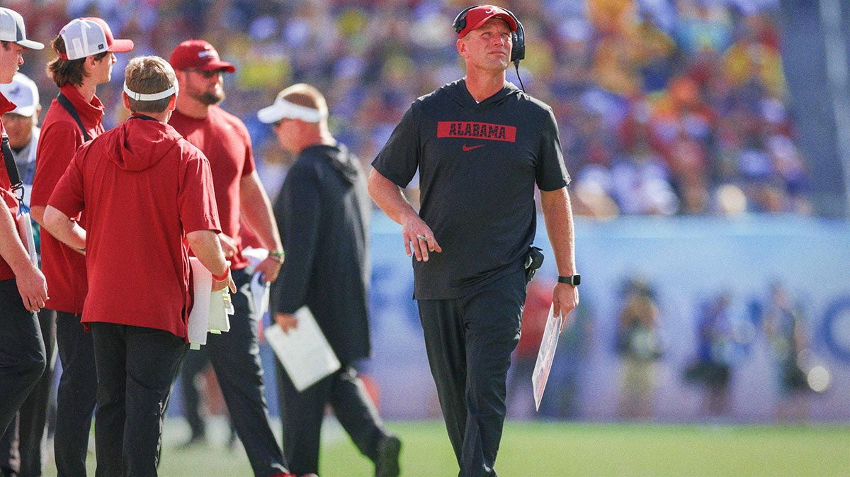 Alabama Crimson Tide head coach Kalen Deboer looks on against the Michigan Wolverines in the third quarter during the ReliaQuest Bowl at Raymond James Stadium.