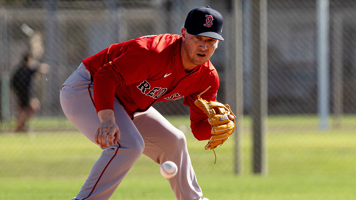 Alex Bregman of the Boston Red Sox participates in drills at JetBlue Park at Fenway South on Monday, Feb. 17, 2025.