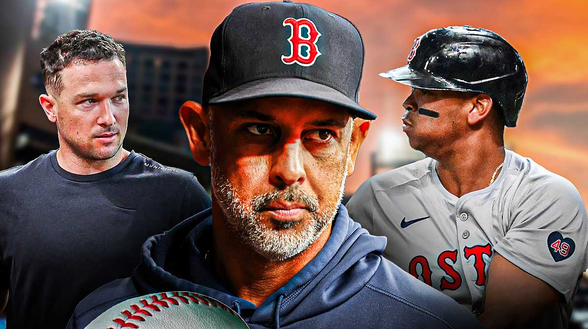 Red Sox Alex Cora in front. Red Sox Rafael Devers fielding a ground ball on right. Red Sox Alex Bregman looking serious on left.
