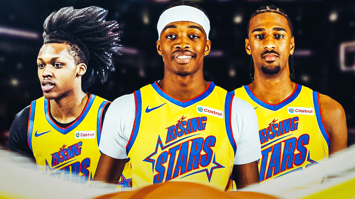 Alex Sarr, Bilal Coulibaly, and Bub Carrington smile at Chase Center with Rising Stars shirts