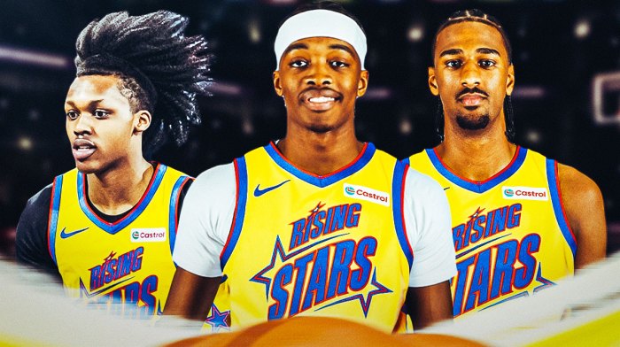 Alex Sarr, Bilal Coulibaly, and Bub Carrington smile at Chase Center with Rising Stars shirts