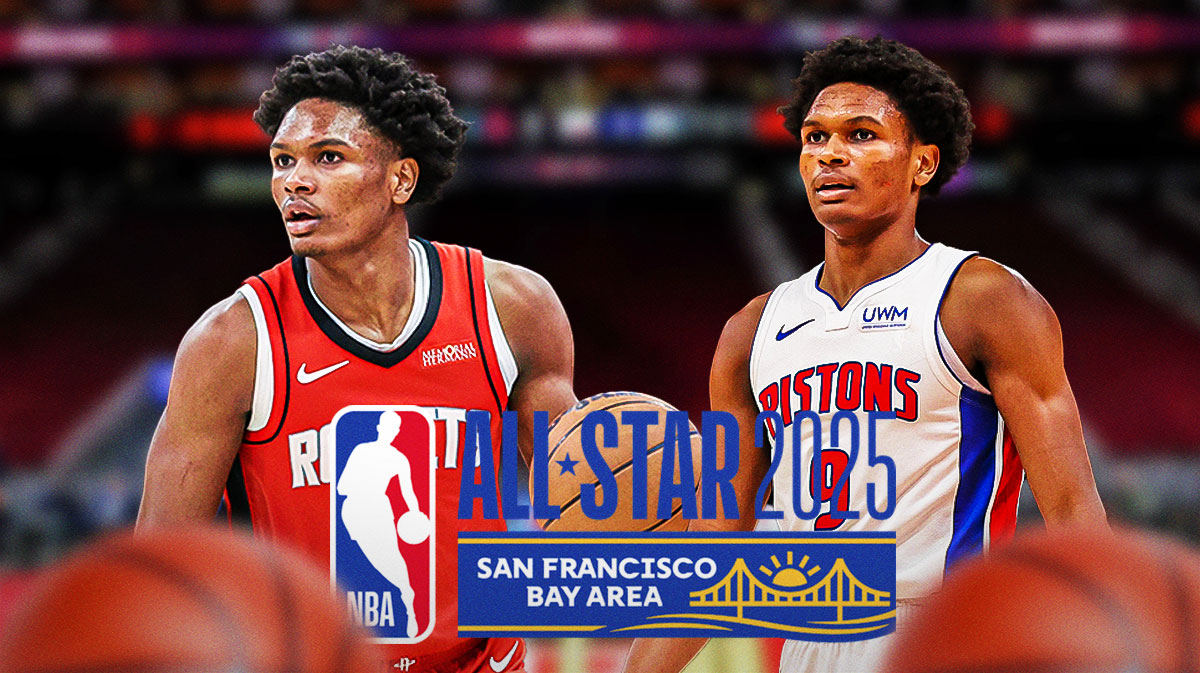 Rockets Amen Thompson and Pistons Ausar Thompson with NBA Rising Stars logo in between them