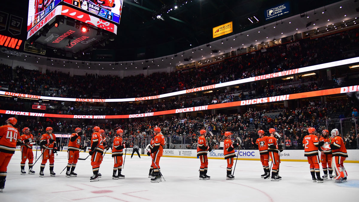 Anaheim Ducks celebrate the victory against the Vancouver Canucks at Honda Center.