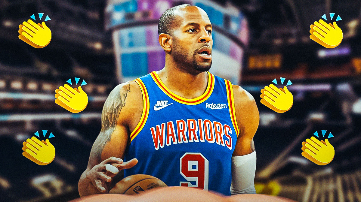 Andre Iguodala in a Warriors jersey with hand-clap emojis around the picture.