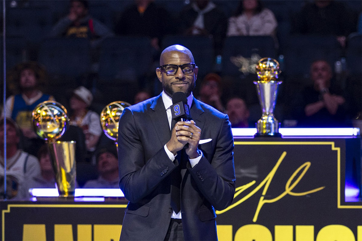 Former Golden State Warriors player Andre Iguodala talks during the Andre Iguodala jersey retirement ceremony at Chase Center. 