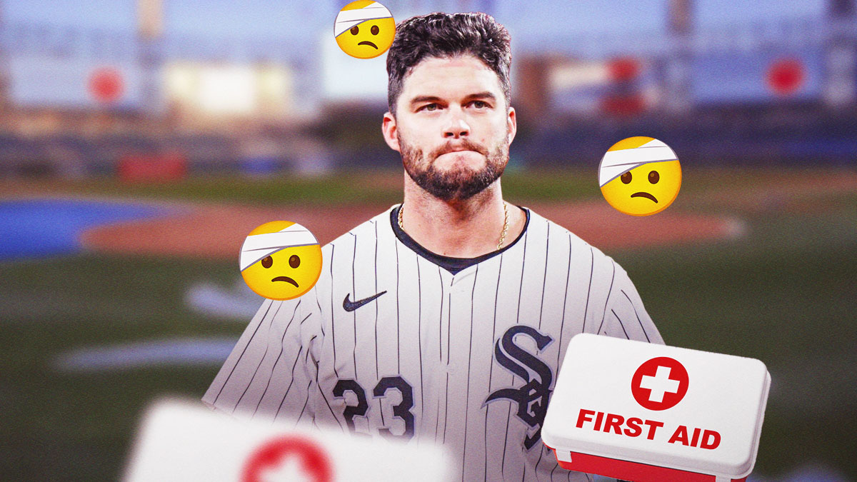 Andrew Benintendi in a Chicago White Sox uniform with a red and white first aid symbol indicating injury and face with head bandage emojis after benintendi suffers injury in white sox spring trainig.