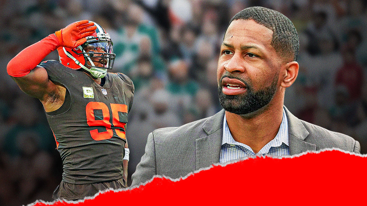 Browns GM Andrew Berry with Myles Garrett in a Cleveland Browns uniform with question marks surrounding them as the browns don't want to trade Garrett this offseason.