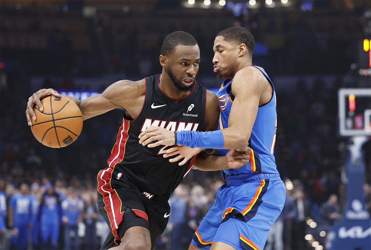 Miami Heat Andrew Wiggins (22) striker goes to the basket against Oklahoma City Thunder Aaron Wiggins (21) in the first trimester at the Paycc Center.