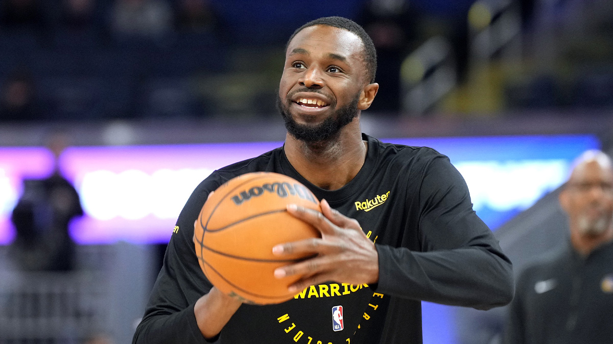 Golden State Warriors Next Andrew Wiggins (22) warmed before the game against Los Angeles Lakers in Chase Center.