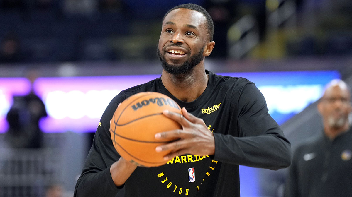 Golden State Warriors Next Andrew Wiggins (22) warmed before the game against Los Angeles Lakers in Chase Center.