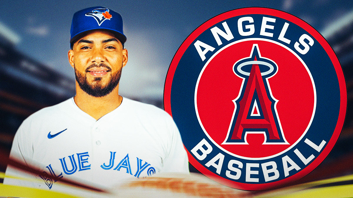 Anthony Santander in a Blue Jays jersey but with Angels logo in background