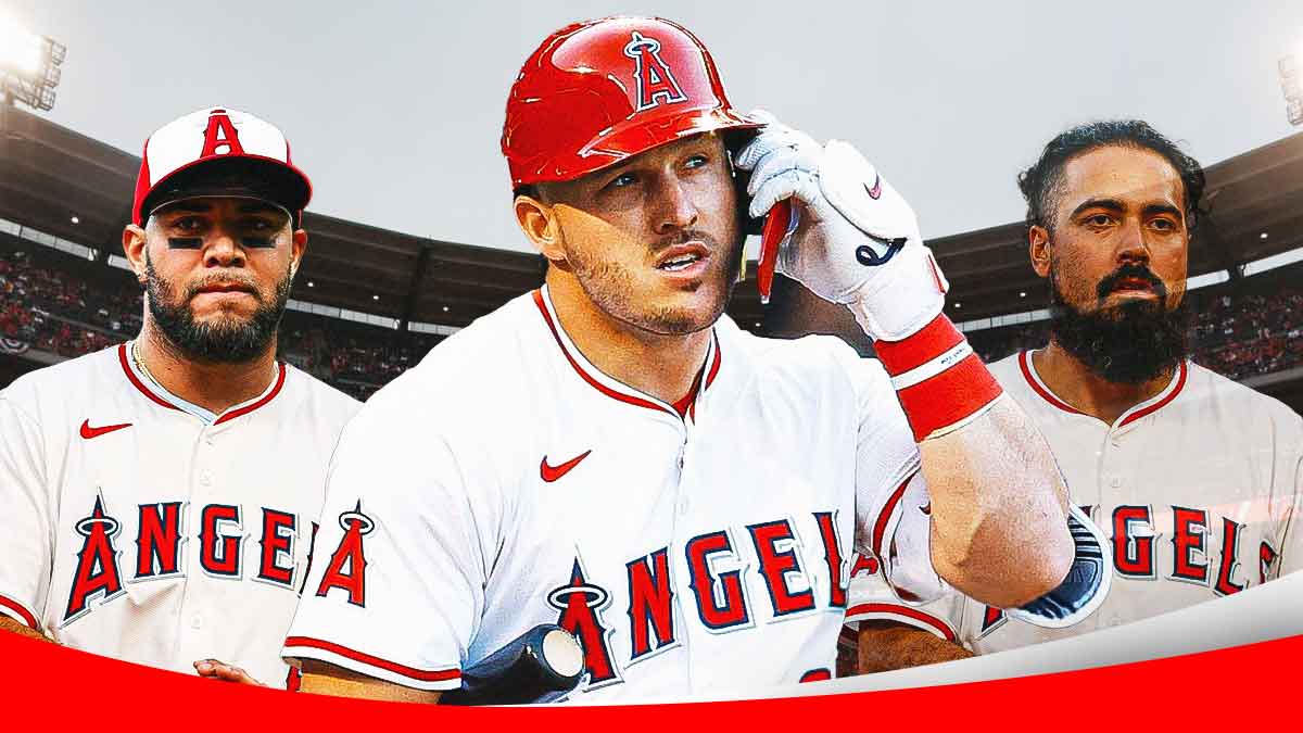 Yoan Moncada in an Angels uniform standing next to Mike Trout with Anthony Rendón fading in the background