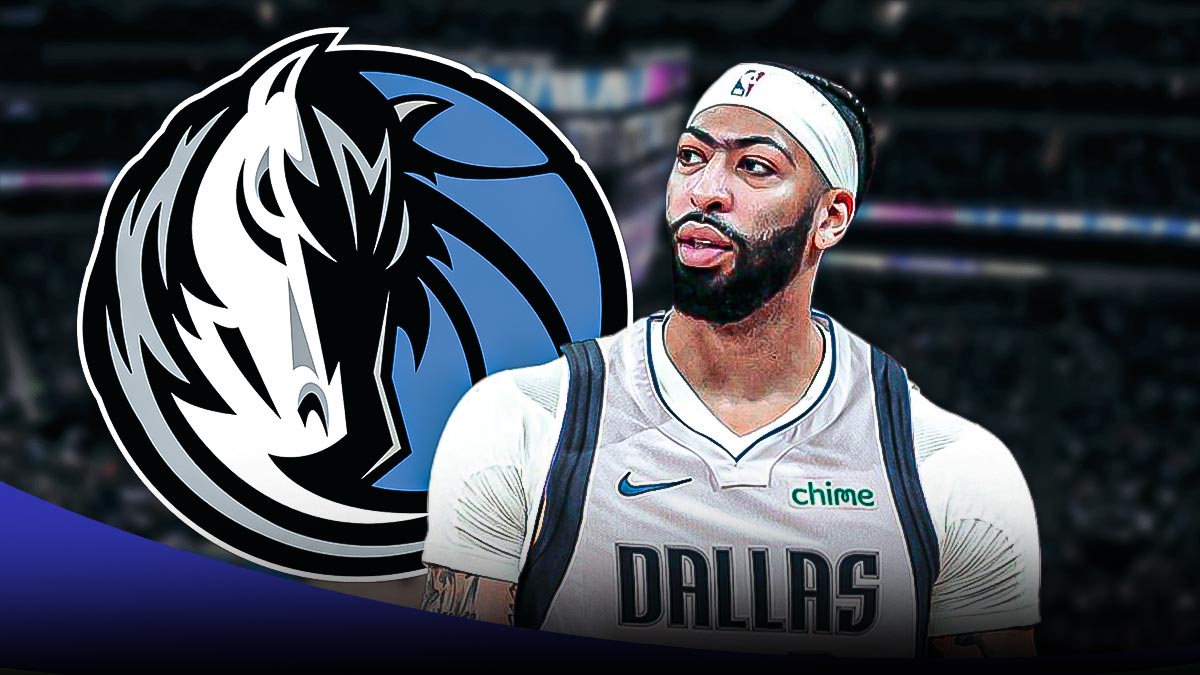 Anthony Davis in a Dallas Mavericks 2024-25 uniform looking serious. Place the Dallas Mavericks 2024-25 logo in background.