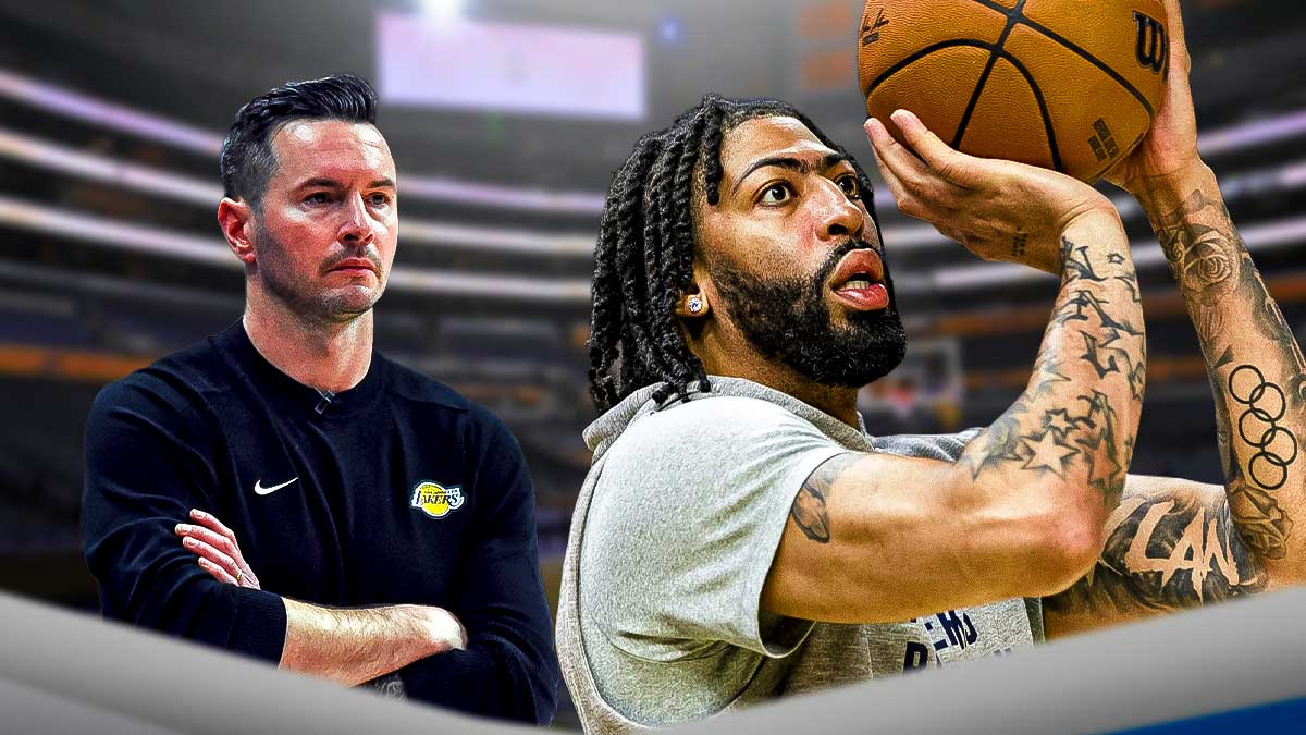 Lakers JJ Redick looking serious on left, Mavericks Anthony Davis shooting a basketball on right.