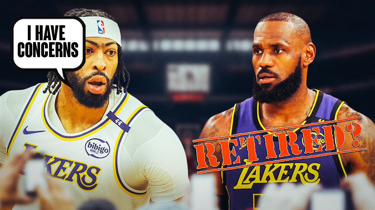 Anthony Davis in a Lakers jersey with a thought bubble that says "I have concerns" and LeBron James is next to him with a stamp mark that says "retired?"
