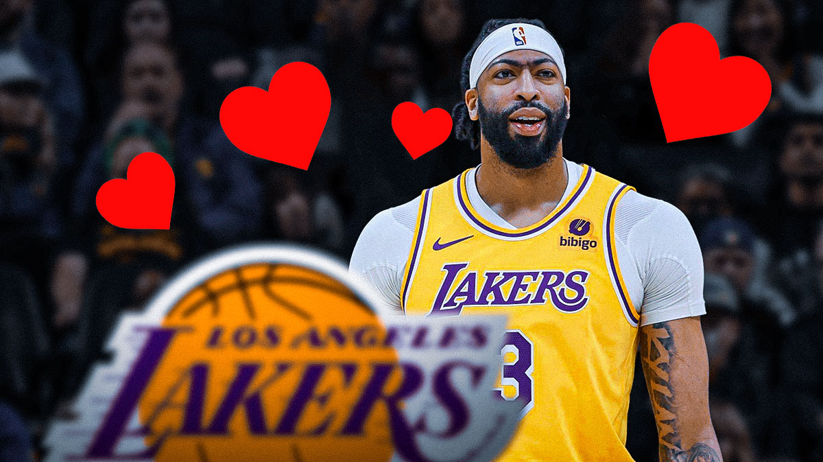 Anthony Davis, Los Angeles Lakers logo, heart symbols surrounding Davis