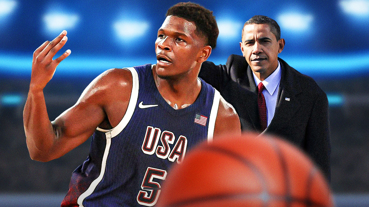 Anthony Edwards in a Team USA jersey and Barack Obama.