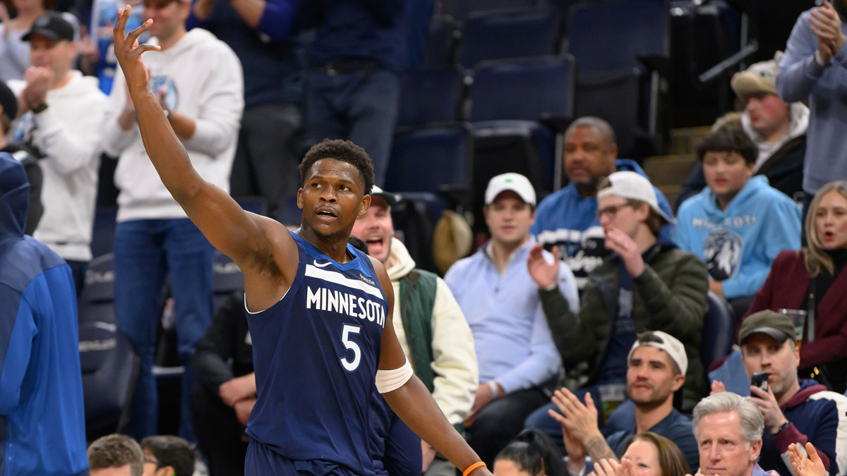 Minnesota Timbervolves Guard Anthoni Edwards (5) admits to the crowd after he took the chicago bullocks with a high 49 point game in the fourth quarter at the target center