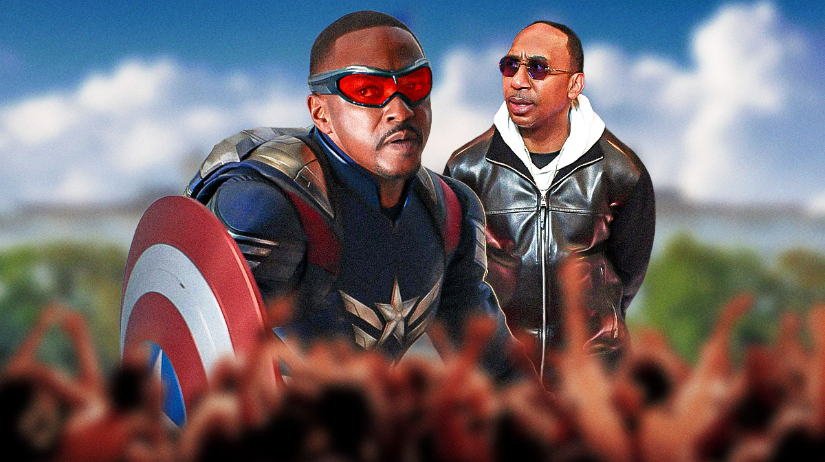 Anthony Mackie as Sam Wilson in Captain America: Brave New World next to Stephen A. Smith.