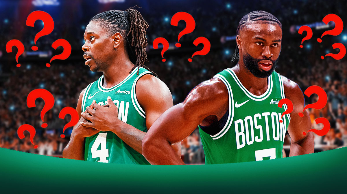 Jaylen Brown and Jrue Holiday with question marks around the picture.