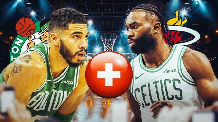 Jayson Tatum, Jaylen Brown, Boston Celtics and Miami Heat logos, injury symbols