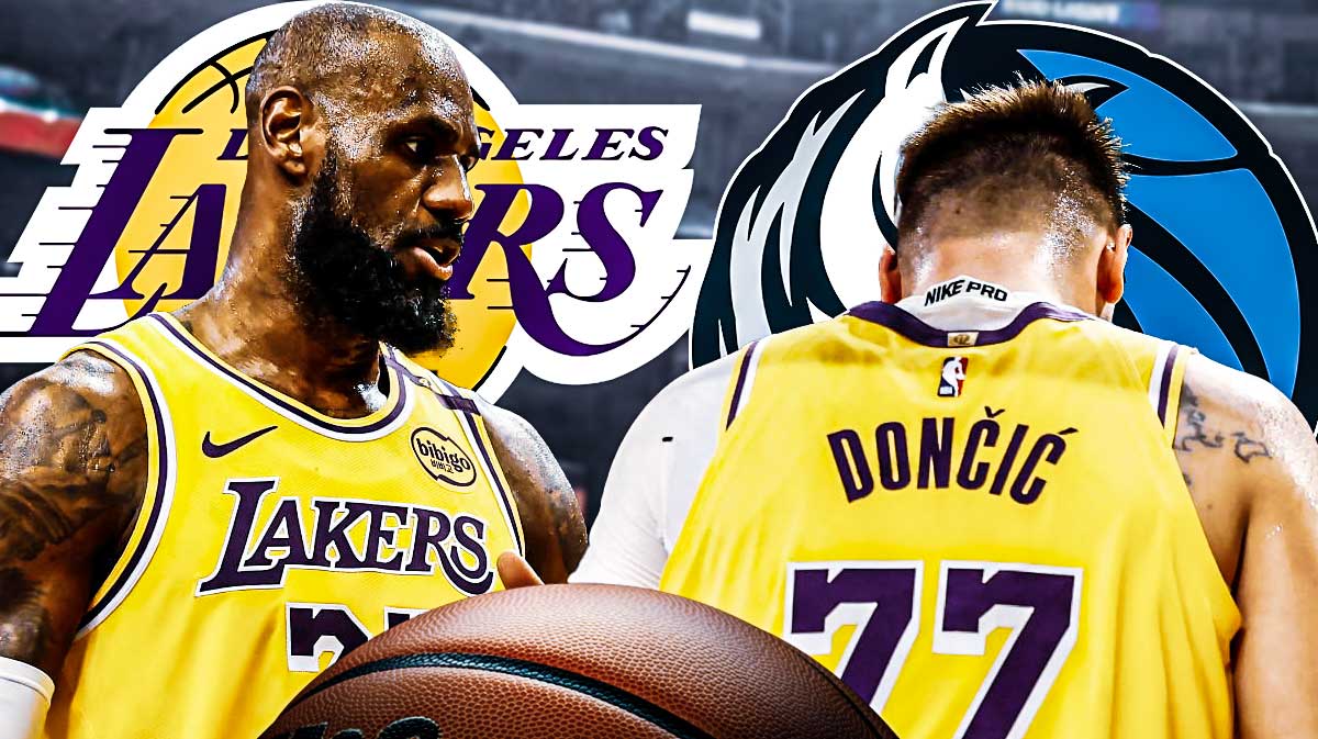 Lakers Luka Doncic and Lakers LeBron James both looking serious in front. Place the Dallas Mavericks and Los Angeles Lakers 2024-25 logos in background.