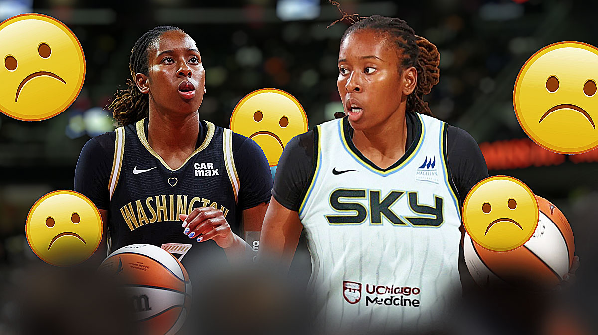 Ariel Atkins in a Sky jersey and Ariel Atkins in a Mystics jersey with sad faces around the picture.