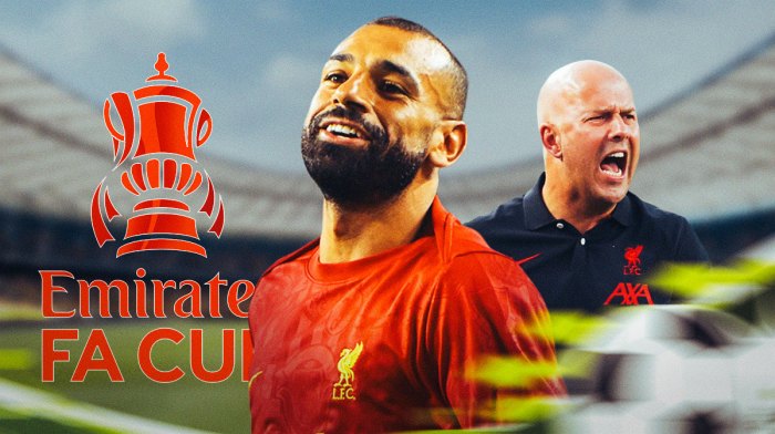 Liverpool forward Mohamed Salah in center, Liverpool manager Arne Slot on left side, FA Cup logo on right side, Home Park (home stadium of Plymouth Argyle F.C) in background