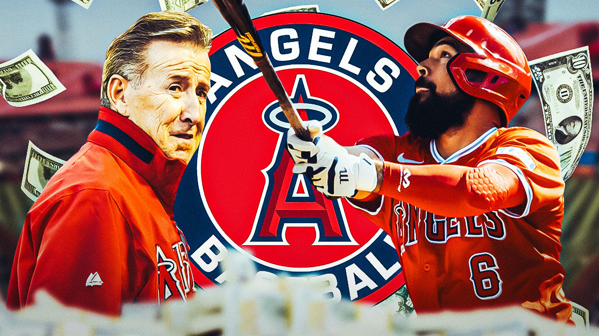 Angels Arte Moreno looking at Anthony Rendon swinging a bat