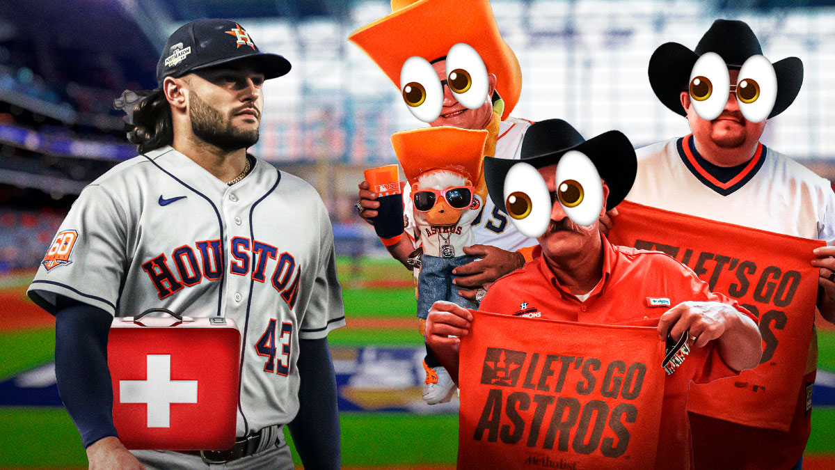 Lance McCullers Jr. on one side with an injury kit in front of him, a bunch of Houston Astros fans on the other side with the big eyes emoji around them