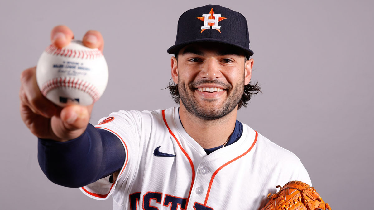 Houston Astros pitcher Lance McCullers Jr. (43) poses for a photo at the Houston Astros media day.