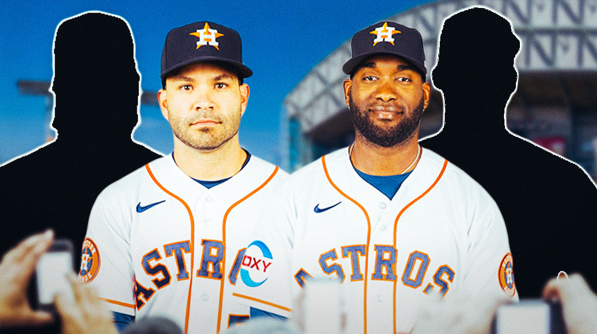 Jose Altuve and Yordan Alvarez front and center. Silhouette of Kenley Jansen behind to right. Silhouette of Alex Verdugo behind to left