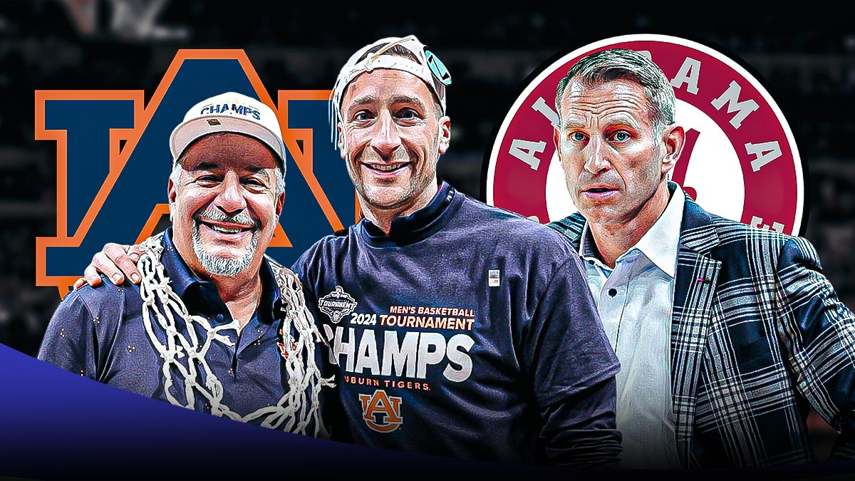 Bruce Pearl, Steven Pearl, Nate Oats, Auburn Tigers and Alabama Crimson Tide logos, eyes symbols