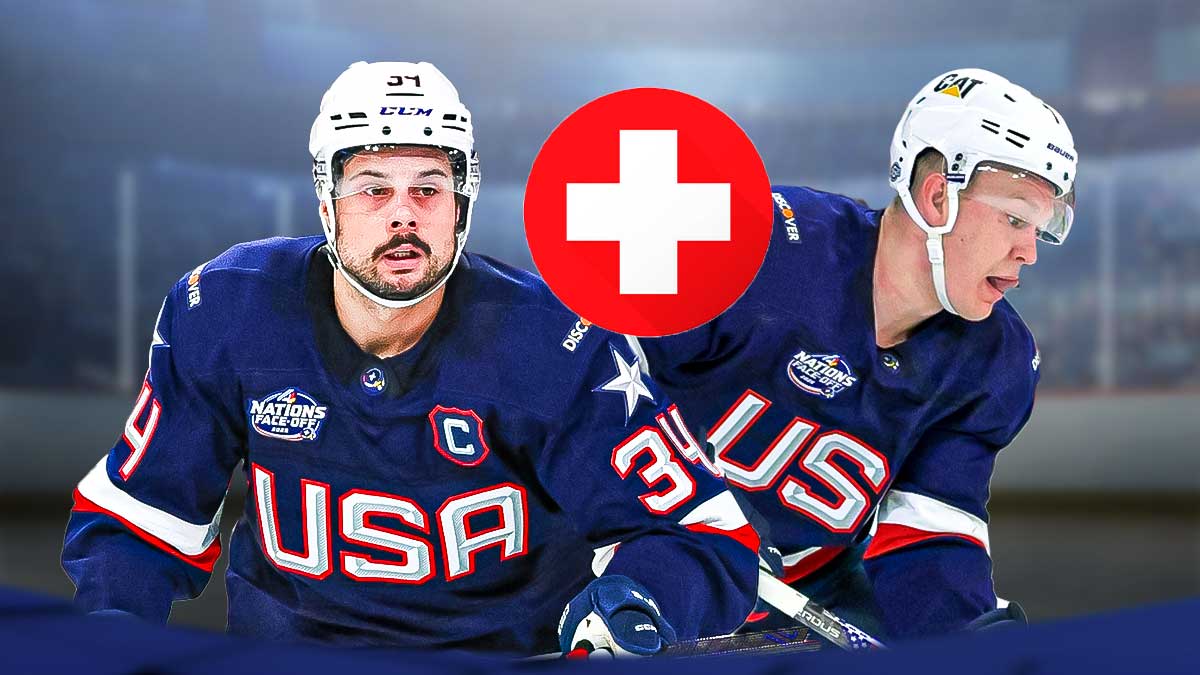 Image of Team USA's Auston Matthews (in a USA jersey) and Team USA's Brady Tkachuk (in a USA jersey) with a medical cross emoji next to them