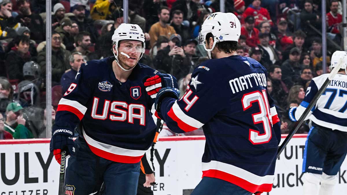 Team USA forward Matthew Tkachuk (19) celebrates with Team USA forward Auston Matthews (34) his goal against Team Finland in the third period during a 4 Nations Face-Off ice hockey game at Bell Centre.