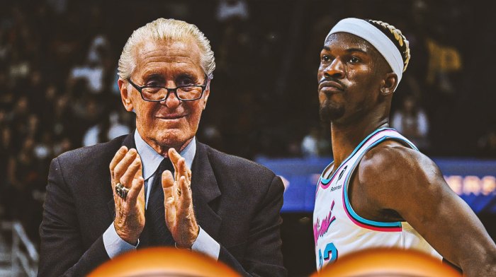 Former Miami Heat star Jimmy Butler and Pat Riley in front of Kaseya Center.