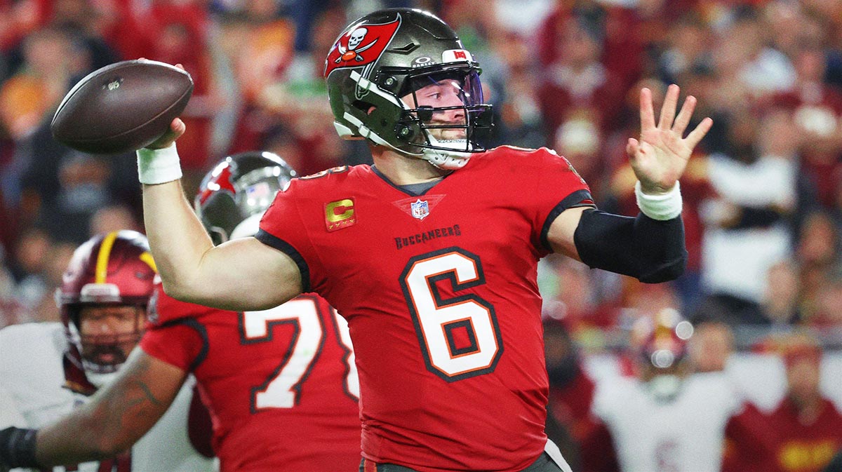 Tampa Bay Buccaneers quarterback Baker Mayfield (6) throws during the second quarter of a NFC wild card playoff against the Washington Commanders at Raymond James Stadium.