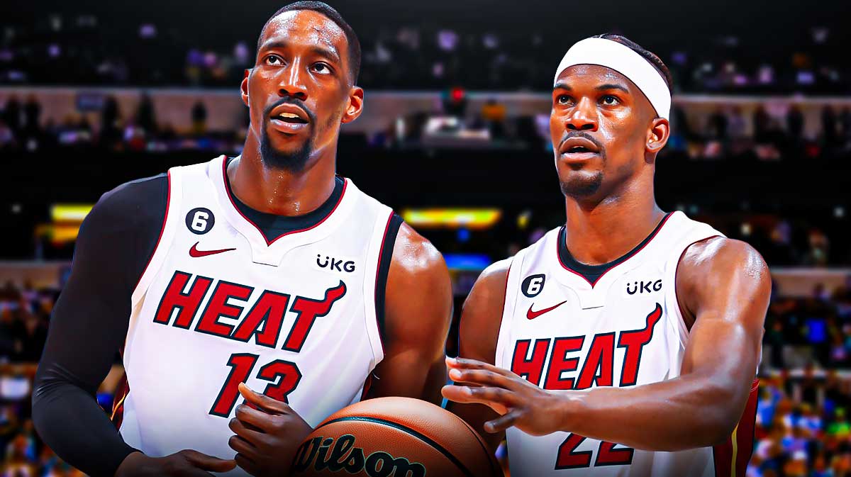 Miami Heat stars Bam Adebayo and Jimmy Butler in front of Kaseya Center.