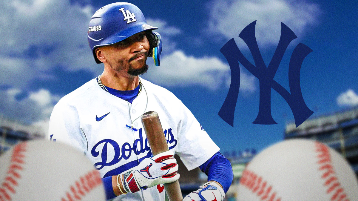 Dodgers Mookie Betts looking serious next to a Yankees logo