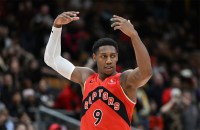 Toronto Raptors forward RJ Barrett (9) gestures to fans as he celebrates a win over the Los Angeles Clippers at Scotiabank Arena.