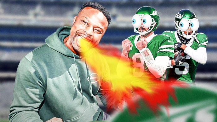 Bart Scott on one side breathing fire, Aaron Rodgers and Garrett Wilson on the other side with the big eyes emoji over their faces