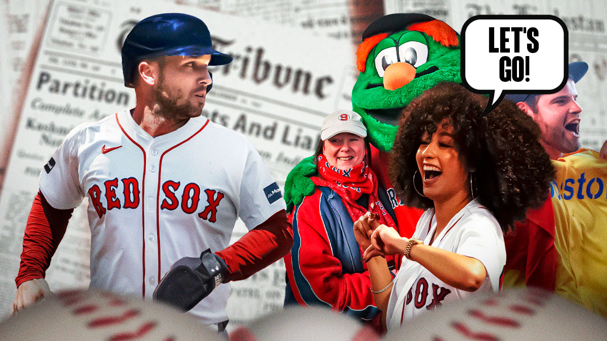 A newspaper as the background, Alex Bregman in a Boston Red Sox jersey on one side, a bunch of Boston Red Sox fans on the other side with a speech bubble that says "Let's go!"