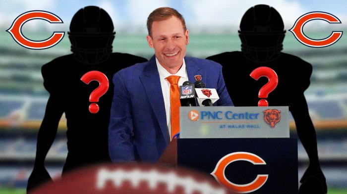 Chicago Bears head coach Ben Johnson with two silhouettes of American football players with big question mark emojis inside. There is also a logo for the Chicago Bears.