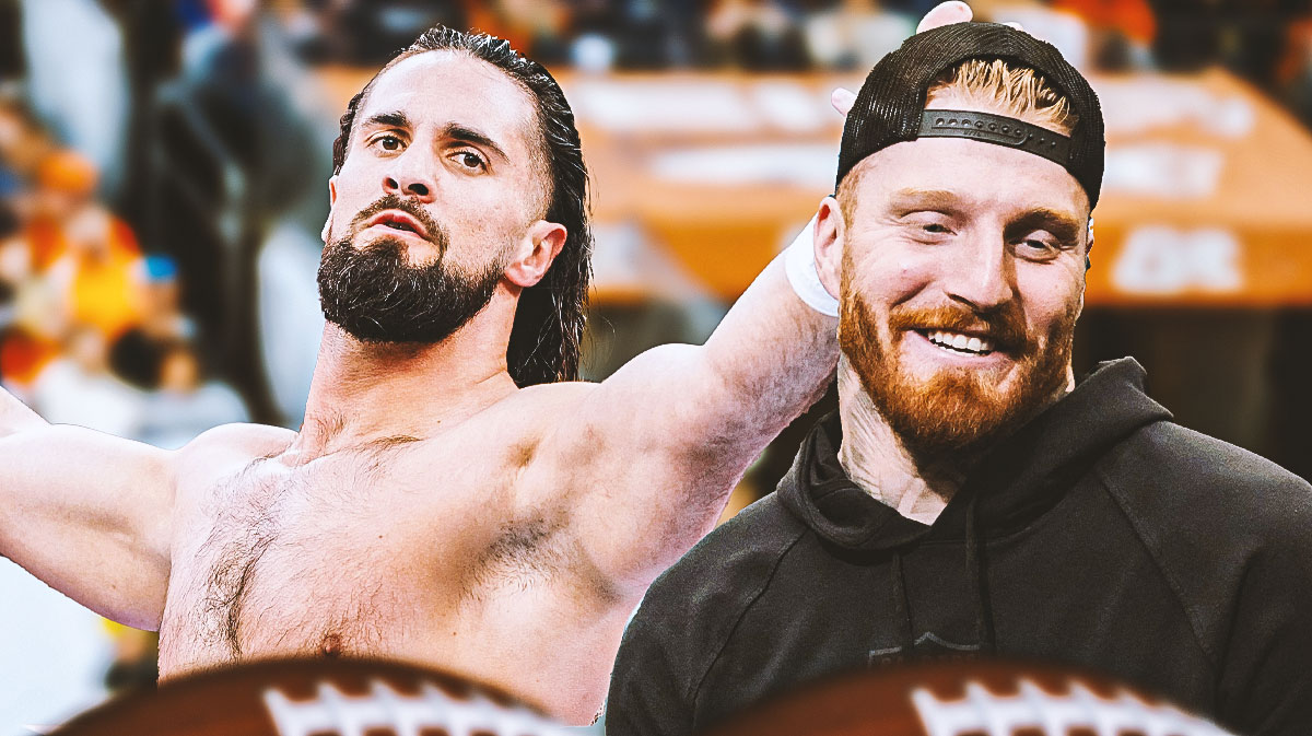 WWE star and Chicago Bears fan Seth Rollins next to Las Vegas Raiders player Maxx Crosby.