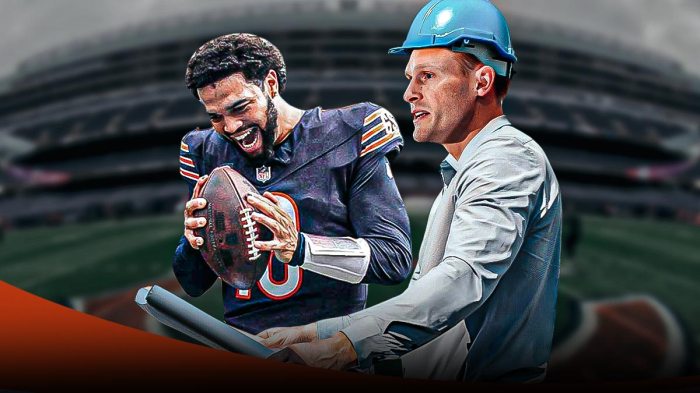 Bears HC Ben Johnson holding up a construction blueprint while wearing a safety hard hat. Bears QB Caleb Williams is standing next to Johnson looking happy/excited. Background is Soldier Field.