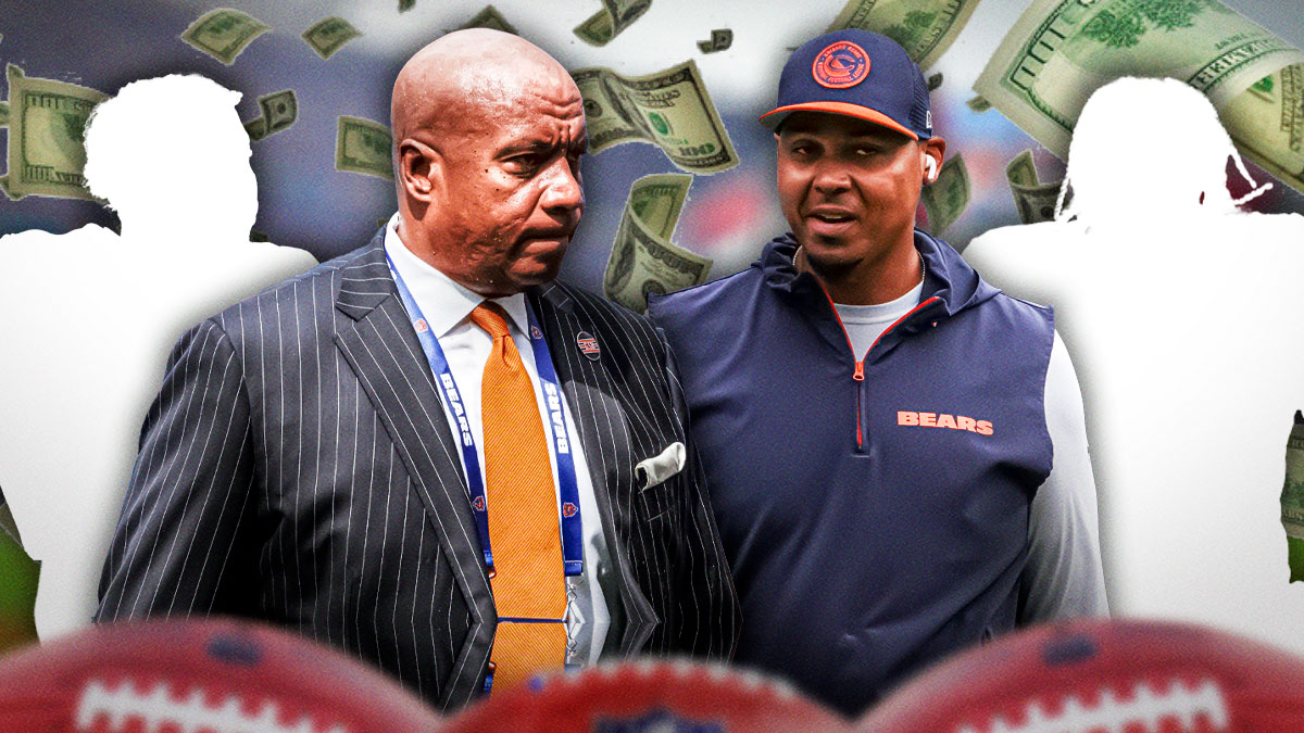 Bears president Kevin Warren and GM Ryan Poles with money falling from sky due to roster cuts/moves. SILHOUETTES of TE Gerald Everett and DE DeMarcus Walker next to Warren and Poles. Background is Soldier Field.