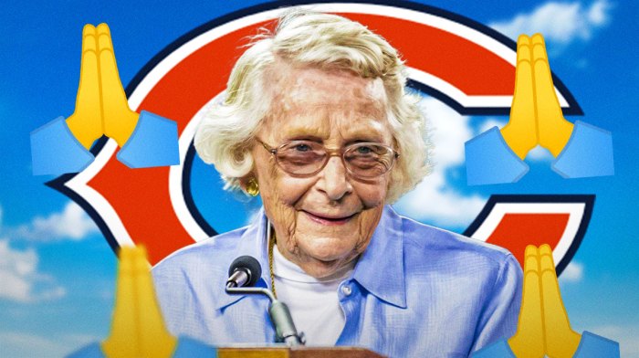 Bears owner Virginia Halas McCaskey next to a Bears logo with a sky/clouds background and prayer hand emojis all around.